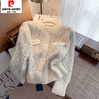 Pierre cardin gentle little fragrance contrast color round neck sweater women's autumn and winter thickened soft loop velvet knitted cardigan jacket off-white original quality xl recommended 116-126 jin jin equals 0.5 kg