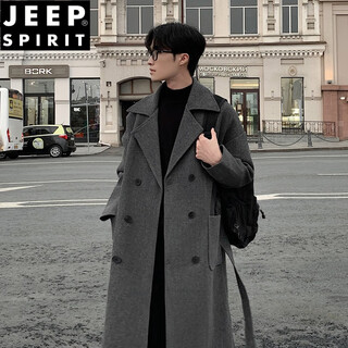 Jeep spirit russian-style chester woolen coat men's autumn and winter mid-length over-the-knee windbreaker british style thick woolen coat gray 4xl about 180~205jin jin equals 0.5kg can be worn