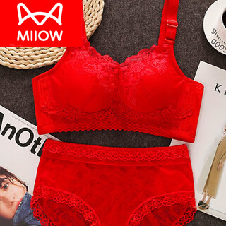 Cat man (miiow) zodiac year bra without steel ring underwear for women with small breasts, thickened style, thin style, adjustable style, side breast lace, sexy big red suit, large style 75a 34b universal cup