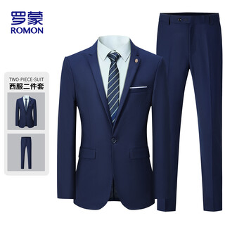 Romon suit men's business slim professional formal wear groomsman groom wedding dress two-piece set y306 navy blue 2xl