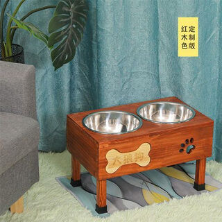 Huameilong dog bowl for medium and large dogs double bowl golden retriever solid wood frame stainless steel anti-tip dog bowl dog bowl rack fixed to protect cervical vertebra red diy engraved model