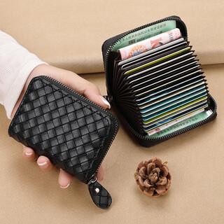 Wanjiazhen card bag women's card holder high-quality textured woven coin purse large capacity multi-card slot card bag women's gift for girlfriend plaid woven card holder丨black 18 card slots