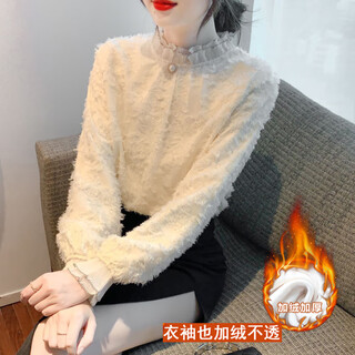 Ye zifeng velvet thickened bottoming shirt for women autumn and winter new lace top super fairy with lotus leaf collar shirt western style women apricot velvet thickened m