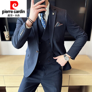 Pierre cardin double-breasted business casual striped suit men's slim formal slit groom's groomsman suit knitted navy one-piece suit s
