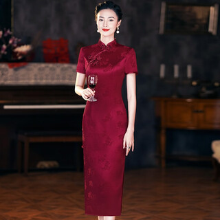 Gu juanian's wedding mother's cheongsam dress new style acetate satin wedding cheongsam for mother-in-law's wedding banquet cheongsam high-end western style dress burgundy xl
