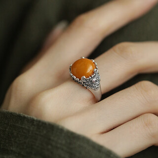 Feiyu 925 silver amber ring for women, retro old pattern, round yellow beeswax open ring, chinese style ring