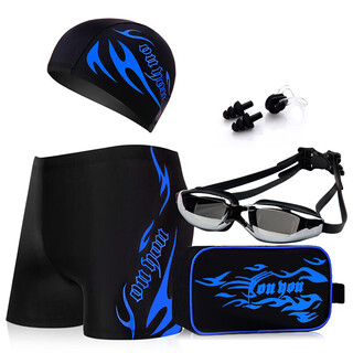 You swimming trunks, swimming goggles, men's suit, swimming trunks, goggles and swimming cap, five-piece flame suit z25101 black bottom blue flame 2xl size