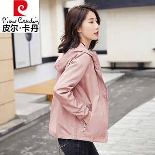 Pierre cardin brand spring and autumn 2025 new thin coat women's solid color hooded windbreaker with logo loose jacket top light pink (lined) xl (weight 120-135jin jin equals 0.5 kg)