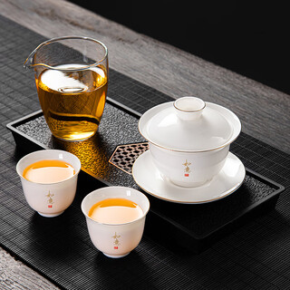 Qixuanyuan ru kiln sancai covered bowl tea cup single high-end tea cup anti-scalding with lid fair cup three-piece tea set set mutton fat jade porcelain covered bowl + ruyi two cups + male cup tea tray