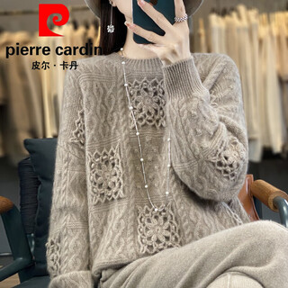 Pierre cardin 100% pure cashmere sweater women's round neck heavy industry hook pattern hollow knitted sweater loose lazy cashmere bottom raw cashmere camel l