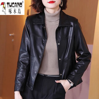 Woodpecker (tucano) leather jacket women's short spring and autumn 2025 new style fashionable and age-reducing motorcycle jacket leather jacket mom black m recommended 85-100jin jin is equal to 0.5 kg