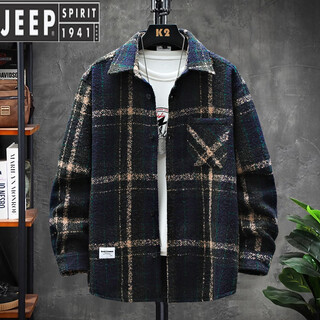 Jeep spirit spring and autumn retro brushed plaid shirt men's youth workwear long-sleeved trendy brand loose woolen shirt casual jacket trendy blue xxl suitable for 180-200jin jin is equal to about 0.5 kg
