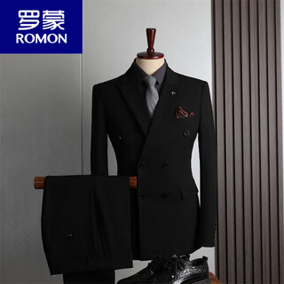 Romon fanhomme suit men's british style double-breasted business casual suit three-piece groom's wedding dress black (suit + pants) m 48