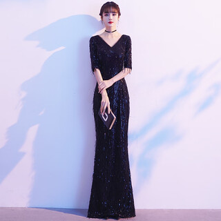 Wenmi evening dress for women 2024 new high-end temperament black sequin hosting performance dress light luxury annual party dress fishtail skirt black m