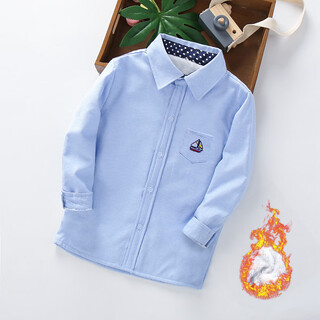 Xin yueqing boys' autumn and winter velvet long-sleeved shirt for middle and large children casual versatile shirt children's thickened warm base cardigan - sailing boat - blue velvet 120 yards