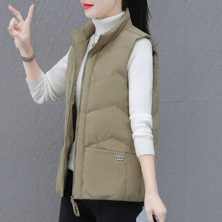 Uiojd women's down cotton vest women's short 2025 autumn and winter new loose slim waistcoat vest casual jacket khaki l recommended 105-120jin jin equals 0.5 kg