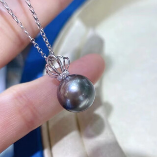 Moon princess tahitian black pearl pendant 18k gold set with diamonds, perfect round and strong light, classic crown style, gift for girlfriend, 9-10mm, with silver chain