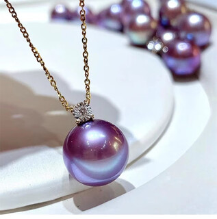 Green round tahitian purple bright pearl pendant princess style single clavicle chain 925 silver plated 18k gold purple pearl 12-12mm