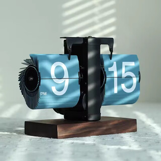 Creative automatic page-turning clock, retro living room ornaments, table clock, modern simple mechanical clock, pendulum clock, home decoration table clock, walnut wood all black and blue leaf model comes with battery
