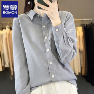 Romon thickened double-sided velvet shirt women's autumn and winter new brushed shirt design plus velvet warm base cardigan shirt haze blue m polite