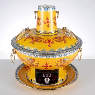 Copper liufu cloisonné copper hot pot pure copper plug-in copper hot pot old-fashioned pure copper pot household enamel charcoal mandarin duck copper hot pot 34 cm (yellow double dragon) 8 people or less 34cm clear soup pot
