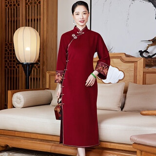 Xiyue 2025 autumn and winter new 100 wool chinese style cheongsam dress red festive new year banquet dress new year red l (weight 105~115)