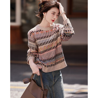 Demana autumn simple style round neck retro jacquard relaxed feeling real knitted sweater women's top beige l
