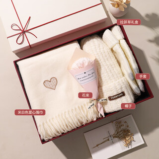 Hengyuanxiang wool scarf women's winter new hat and gloves three-piece set birthday gift for girls to send to best friends christmas gift box love love style_off-white scarf set five