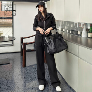 Meiyang aerobic casual suit morning commuting comfortable thin velvet warm hooded top straight pants fashion casual suit women black (top + pants extended version) l