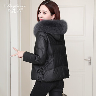 Lingfaner genuine leather down jacket for women new winter haining sheepskin coat fox fur collar fur coat short style small black xl