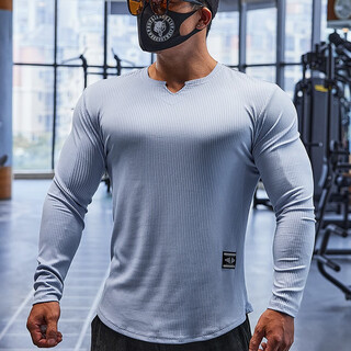 Lutielang fitness clothes sports t-shirt bottoming shirt men's long-sleeved elastic quick-drying muscle training running top sky blue l