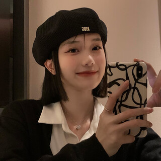 Rui che black sweet cool beret women's autumn and winter big head waist bud painter hat ins internet celebrity face-showing small octagonal hat black m (56-58cm)