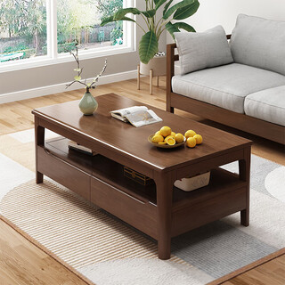 Nordic solid wood coffee table living room small apartment simple modern home tea cabinet slate double layer with drawer tea tea new four-drawer walnut color 120x60x45cm self-installation