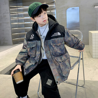 Liu chaobu children's edition camouflage coat boys' velvet jacket winter clothing 2024 new middle and large children's thickened parka warm cotton black 170cm