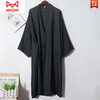Miiow summer men's pure cotton bathrobe mid-length japanese style nightgown cardigan bathrobe japanese style one-piece japanese home skirt black gray black hemp gray super soft men's robe xl