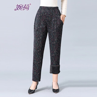 Wanhe winter clothing for middle-aged and elderly people, cotton pants, women's pants, mother's pants, winter thickened outer wear, loose plus velvet elastic waist, 60-year-old 70-year-old lady, winter high-waist print, black flower 3xl