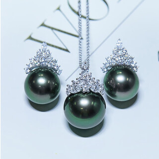 Mohs tahitian black pearl set malachite green ice queen saltwater pearl pendant earrings 18k gold diamond tahitian black pearl pendant 11-12mm