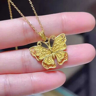 Yadige plated 24k gold ancient chinese style filigree double layer three-dimensional butterfly pendant, feminine and versatile 999 clavicle chain gift filigree butterfly pendant + o-shaped chain