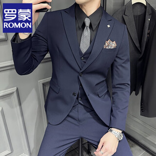 Romon casual suit men's suit slim formal wedding groom's dress autumn handsome small suit high-end large size navy blue one-piece suit xl