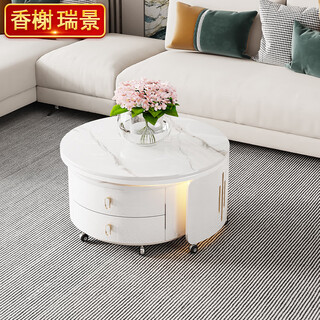 Champs ruijing cream style rotating coffee table with lights for living room 2026 new style light luxury modern high-end movable double drawer combination with lights rotating white cabinet fish belly white countertop 60+50