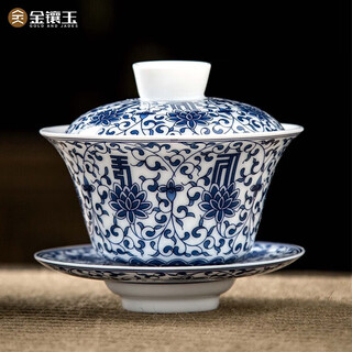 Gold-inlaid jade tureen kung fu tea set set sancai mutton-fat jade white porcelain thin body tea bowl blue and white early summer 120ml