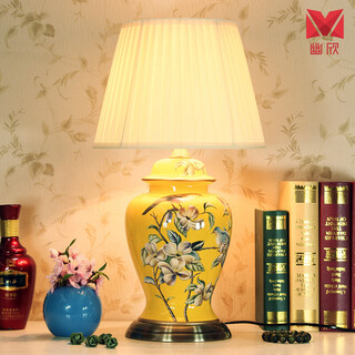 新中式全铜台灯景德镇青花瓷客厅书房卧室床头遥控调光陶瓷台灯具 黄色将军罐高55厘米 按钮开关