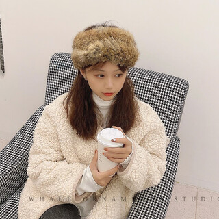 Rabbit hair hat for women winter warm hand-knitted turban hat brown 54-58cm