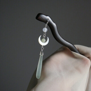 The moon rises over the sea. chinese-style ebony hairpins for updos and hetian jade tassel hairpins, high-end niche hairpin gift box