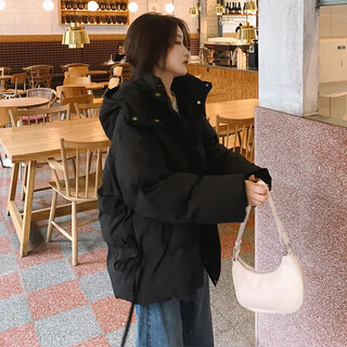 Feilifan down jacket for women 2025 winter new loose hooded bread jacket for women small short thickened cotton jacket black m (100-115jin jin equals 0.5kg)