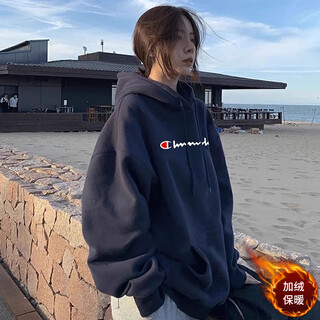 Champion graffiti hooded sweatshirt women 2025 spring and autumn new unisex chinese cotton thickened loose lazy couple sweatshirt men navy blue hooded big label sweatshirt plus velvet m 100-115jin jin is equal to 0.5 kg