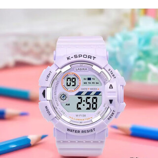 Lasika children's watch girl cute student junior high school waterproof multi-functional luminous sports boy sports watch transparent personality purple white (6-16 years old waterproof luminous alarm clock)