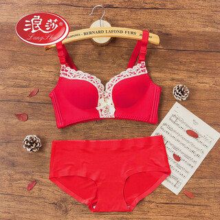 Langsha new year's ben ming nian big red underwear women's bra set no wire thick thick wedding bride push-up adjustable cow blossoms big red 85b 38