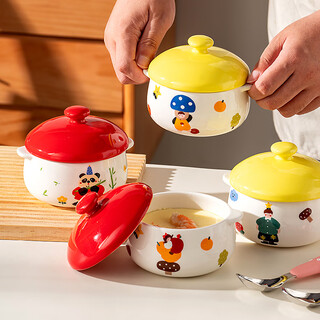 Onlycook double-eared ceramic bowl, steamed egg bowl with lid, stew pot, children's food supplement, bird's nest steaming pot, small soup pot, red