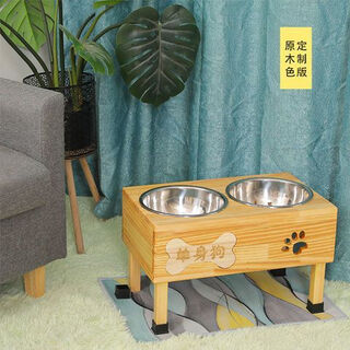 Huameilong dog bowl for medium and large dogs double bowl golden retriever solid wood frame stainless steel anti-tip dog bowl dog bowl rack fixed to protect cervical vertebra log diy engraving model